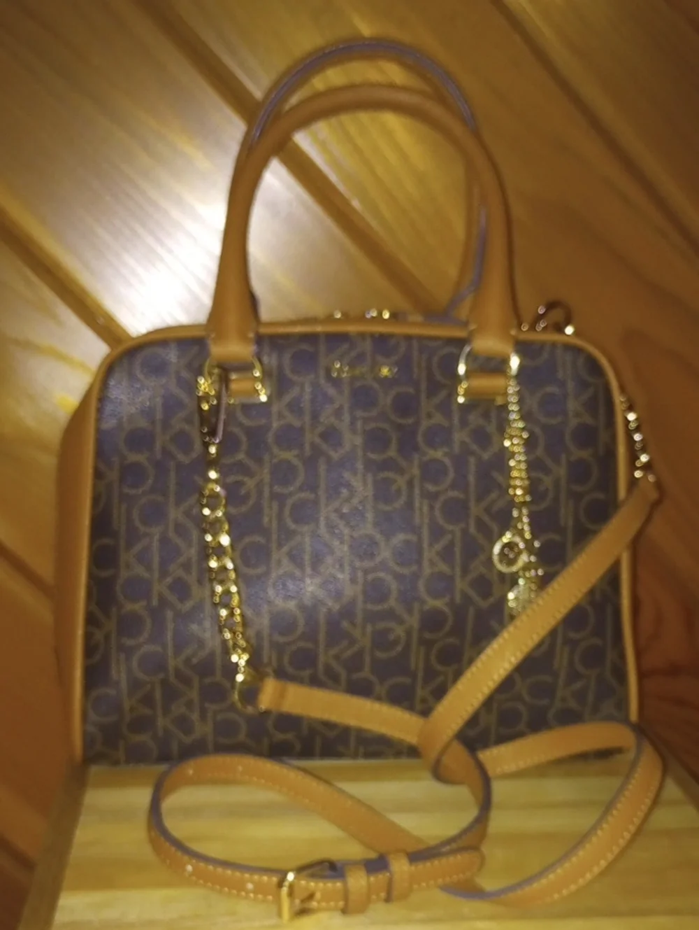 Calvin Klein Brown Monogram Satchel with Tan Trim and Gold Chain